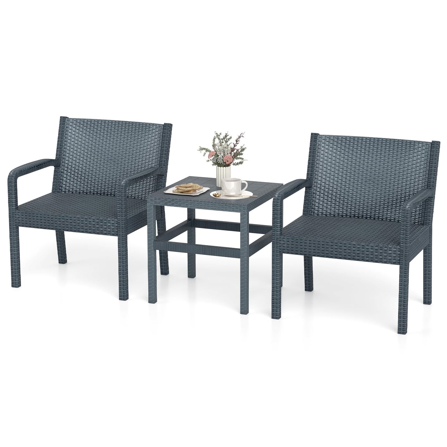 3-Delige Rattan Tuinmeubelset – Balkonset – Terrasmeubilair – Tuinset – Loungeset – Weerbestendig Pp-Materiaal – Ergonomische Stoelen Met Bijzettafel – Grijs