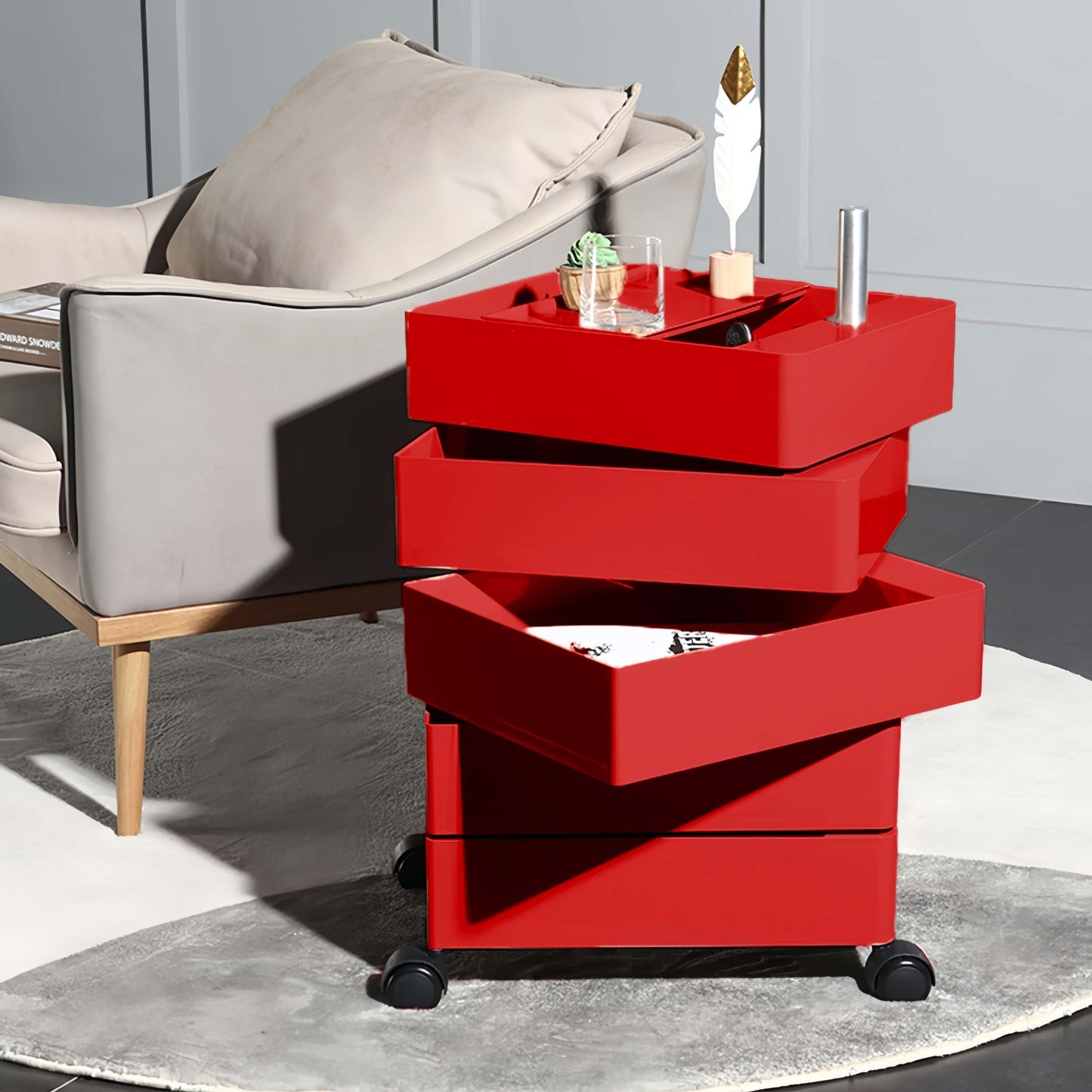 Rolcontainer – Opbergkast – Ladenkast – Organizer – Opbergruimte – Rood – Waterafstotend Kunststof – 5 Ruime Lades – Wieltjes Voor Gemakkelijk Verplaatsen