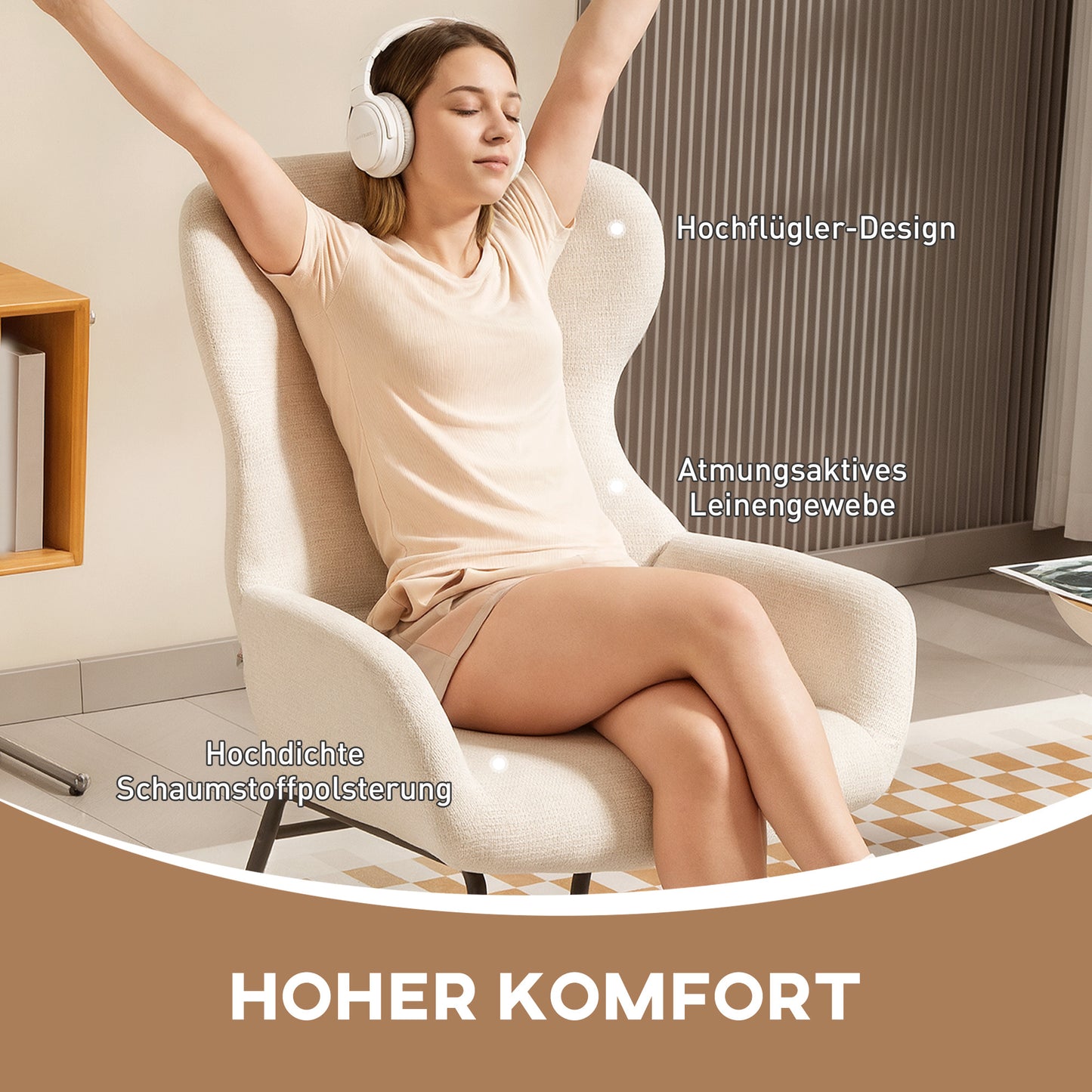Fauteuil – Lounge Chair – Leunstoel – Wingback Stoel – Creme – Hoge Rugleuning – Stevige Stalen Poten