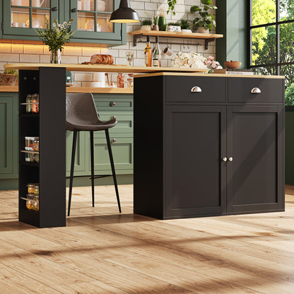 360° Rotating Modern Storage Island with 2 Drawers, 2 Doors & Open Shelves - Multi-Functional Black Cabinet with Spacious Countertop, Space-Saving Design for Kitchen, Living Room, Bedroom - Durable Metal Construction, Floor-