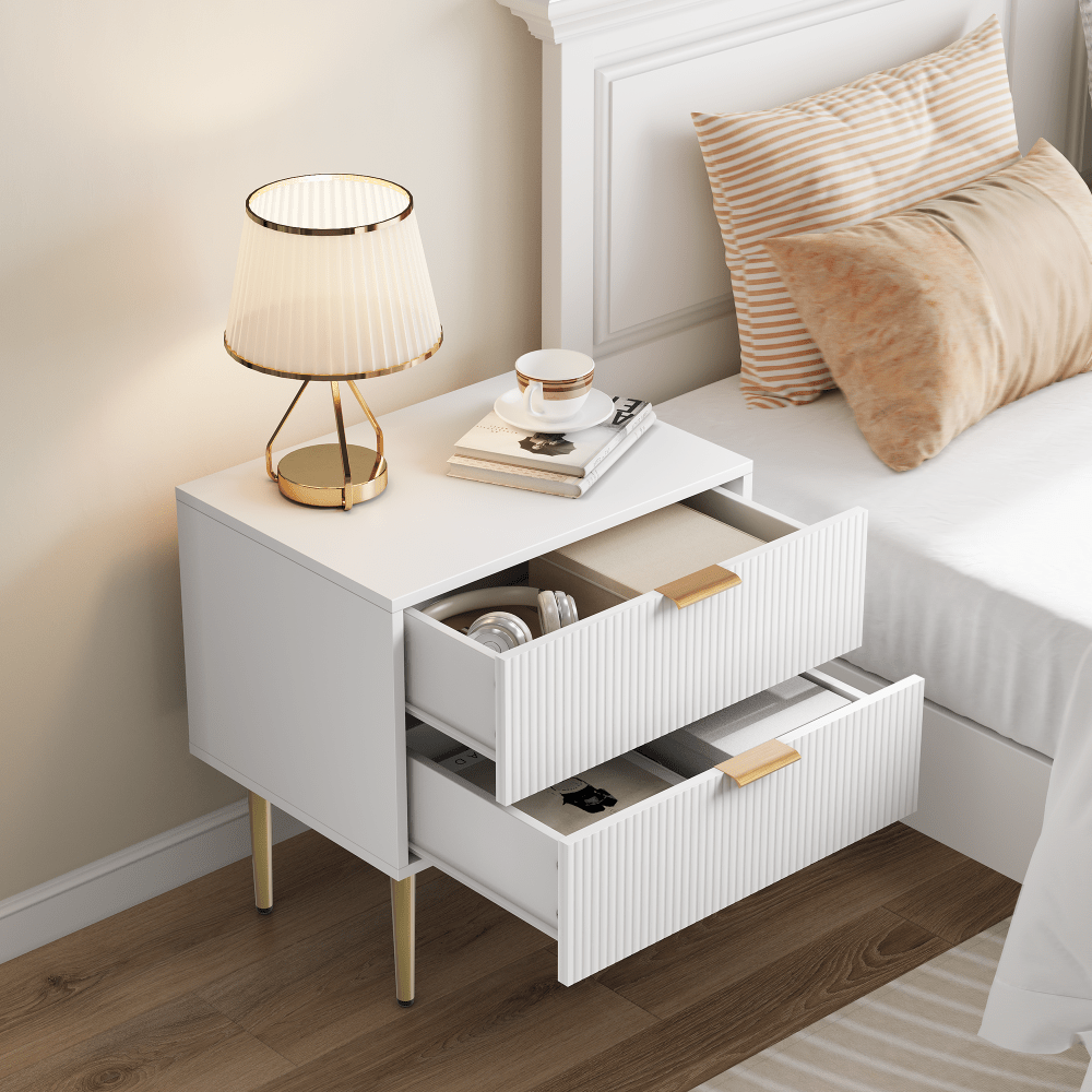 Nachtkastje – Bedside Table – Nachtkast – Bijzettafel – Opberglade – Modern Design – 2 Lades – Stevige Metalen Poten – Compact 53x41,5 cm