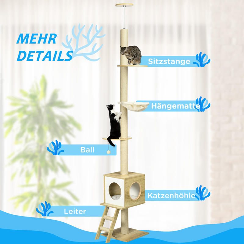 Cat Tree, 49cm, Sisal Scratching Post, Ball Run, Play Ball, Spring, 4-in-1 Design, Oak, White Cat climbing frame, cat tree, cat jumping platform, multifunctional cat tree, cat toy, duplex cat bed, Pet Play Tower, Feline Enric