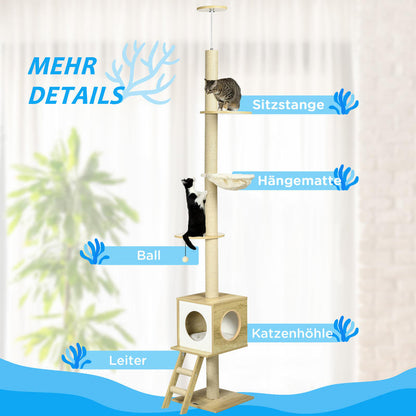 Cat Tree, 49cm, Sisal Scratching Post, Ball Run, Play Ball, Spring, 4-in-1 Design, Oak, White Cat climbing frame, cat tree, cat jumping platform, multifunctional cat tree, cat toy, duplex cat bed, Pet Play Tower, Feline Enric