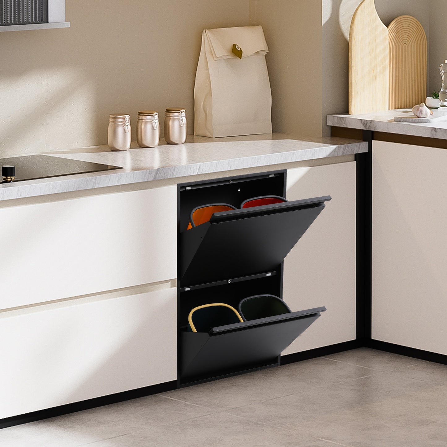 4x15L Kitchen Trash Can | Black, Sorting Trash Bin, Rubbish Storage Cabinet, Carbon Steel, Rectangle Shape, NaMaSyo Brand