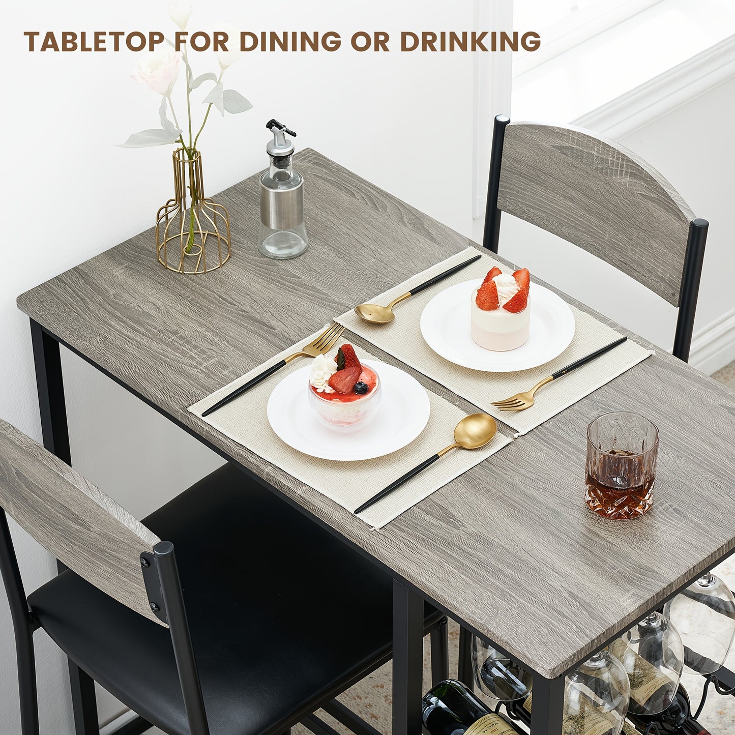 3-delige Barset – Bartafel Set – Barkrukken – Barmeubel – Keukentafel – Grijs – Massief Hout – Met Opbergruimte En Wijnrek