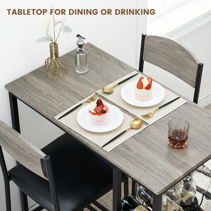 3-delige Barset – Bartafel Set – Barkrukken – Barmeubel – Keukentafel – Grijs – Massief Hout – Met Opbergruimte En Wijnrek