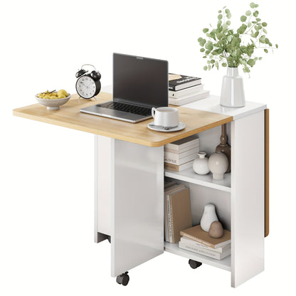 Opvouwbaar bureau – Computerbureau – Schrijftafel – Kantoorbureau – Inklapbare tafel – Licht hout met wit – 6 zwenkwieltjes – 2-laagse opbergruimte – Ruimtebesparend 120x60x75 cm