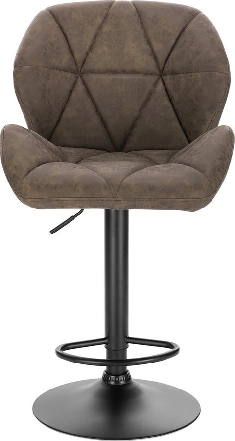 Set van 2 donkerbruine leren barkrukken – Verstelbare barkrukken met rugleuning – Gaslift keukenkrukken – Zwarte metalen voet – Zithoogte 60–82 cm