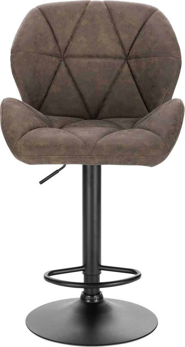 Set van 2 donkerbruine leren barkrukken – Verstelbare barkrukken met rugleuning – Gaslift keukenkrukken – Zwarte metalen voet – Zithoogte 60–82 cm