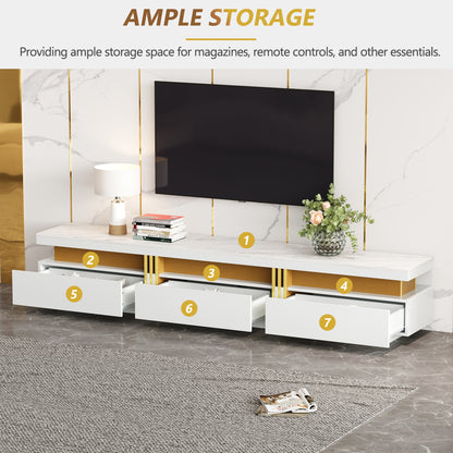 Modern TV-meubel – Tv-meubel – Lowboard – Tv-kast – Mediameubel – Marmerlook – 3 Laden – Kabeldoorvoer – Geschikt voor TV’s tot 90 inch – Wit-Goud