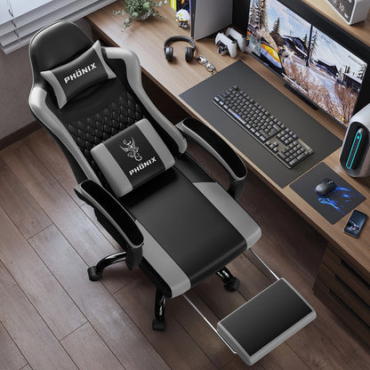 Ergonomische Gamingstoel – Bureaustoel – Bureaukruk – Computerstoel – Zithulp – Verstelbare Rugleuning – Inklapbare Voetensteun – Wit – Memory Foam Bekleding – Roestvrij Stalen Frame