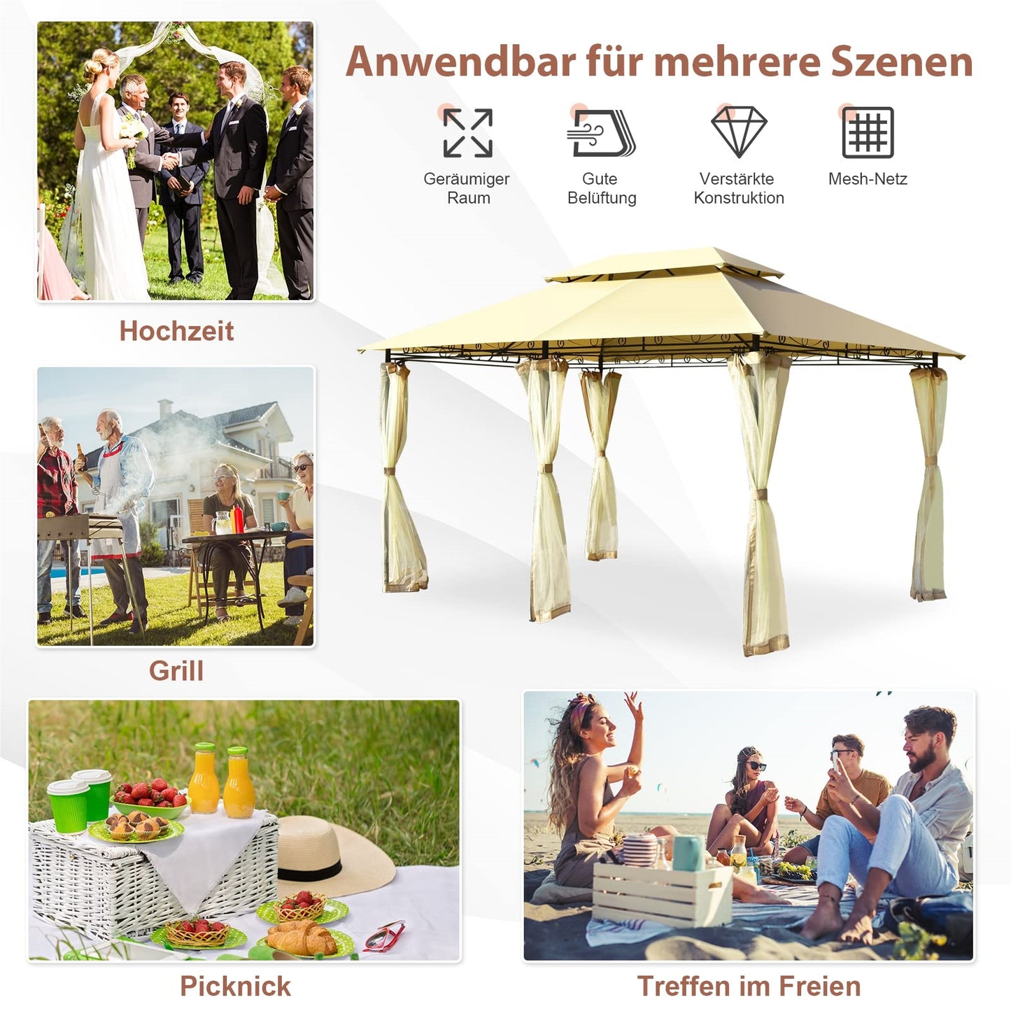 Metalen Tuinpaviljoen – Partytent – Tuintent – Serre – Overkapping – 3x4m – Afneembare Zijwanden – Stevig Stalen Frame – Weerbestendig Polyester – Beige
