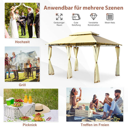 Metalen Tuinpaviljoen – Partytent – Tuintent – Serre – Overkapping – 3x4m – Afneembare Zijwanden – Stevig Stalen Frame – Weerbestendig Polyester – Beige