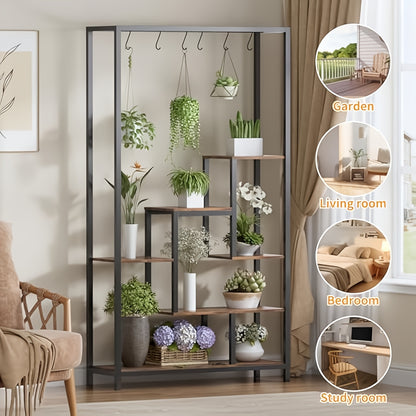 Plantenstandaard Binnen – Plantenrek – Plantenkast – Plantenhouder – Bloementrap – 5 Niveaus – Stevig Metaal & Hout – Inclusief 6 S-Haken – 179 cm Hoog