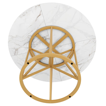 BTM Round Dining Table (100×100×76 cm), Modern Marble-Look MDF Table with Geometric Metal Legs, Kitchen Table for 4–6 People, Round Living Room Table, Sturdy Dining Table, White/Black