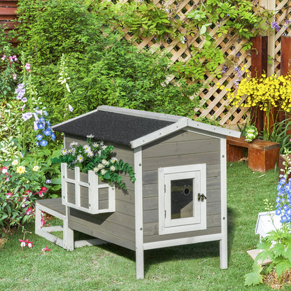 Kattenhuis Tuinhuisje Kattenhuisje Kattenhut Kattenverblijf – Grijs – Verhoogd Met Waterdichte Houten Terras – Afmetingen 115x66,5x74,7 cm