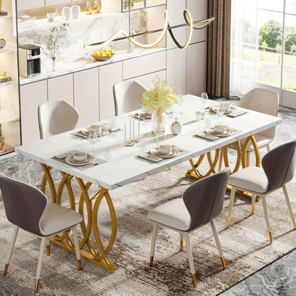 Eettafel – Tafel – Dinertafel – Keukentafel – Dining Table – Grote Witte & Gouden Rechthoekige Eettafel – MDF Marmerlook Blad – Stevig Metalen Frame 81,65 KG draagvermogen