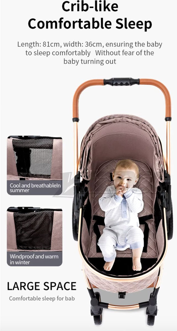 Kinderwagen 3 in 1 - Kinderwagen - Bedje - Buggy - Autostoel - Opvouwbaar - Aluminium frame - Beige/Khaki - Goud - Bruin