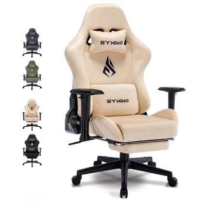 Gamingstoel – Bureaustoel – Gamestoel – Draaistoel – Ergonomische Stoel – Met Voetensteun & Lendensteun – Hoogte Verstelbaar – Geheugenfoam Kussen – Metaal Frame – Handmatige Ligstand – Milky White