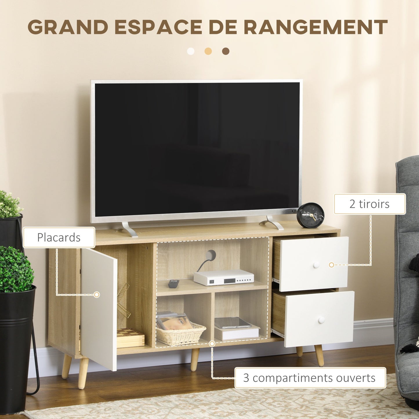 tv-meubel – tv-kast – tv-dressoir – tv-stand – media meubel – Scandinavisch design – massief houten poten – 120 cm breed