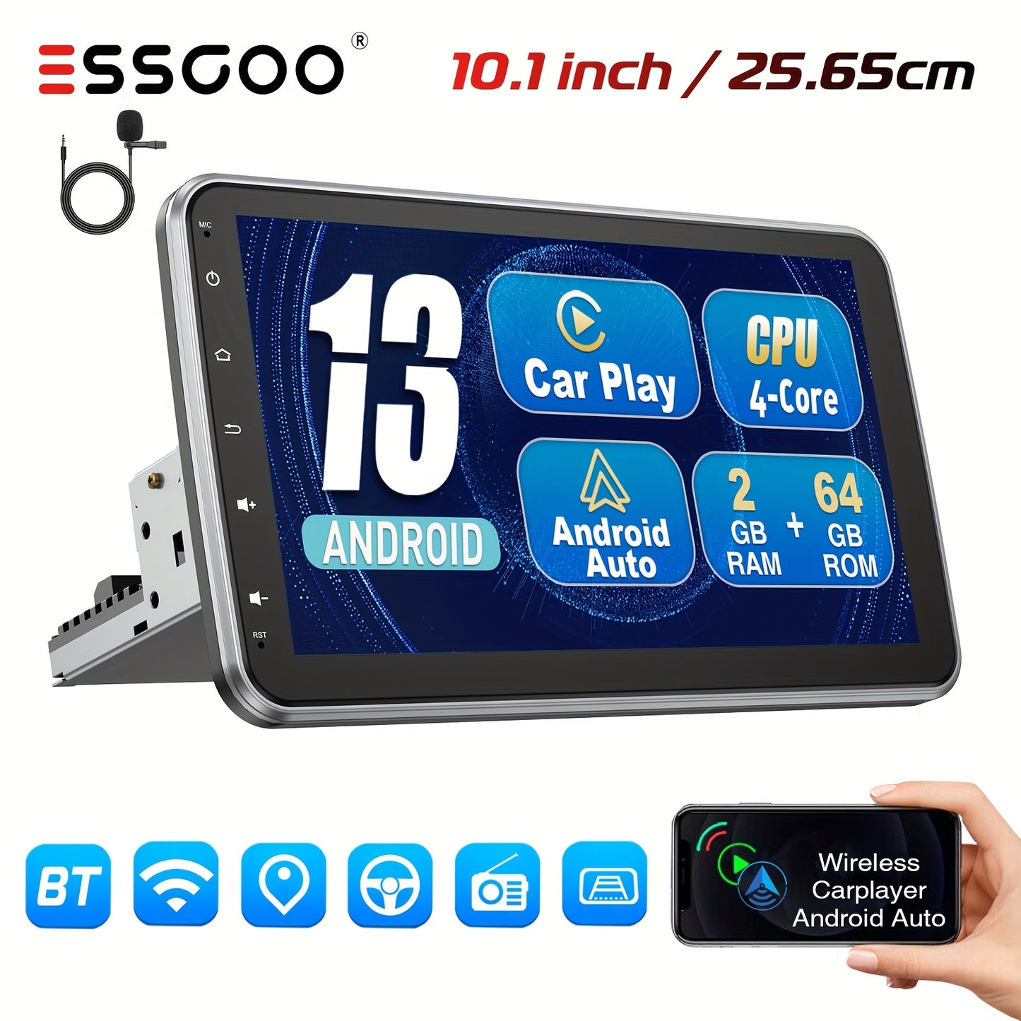 Autoradio Single DIN – Navigatiesysteem – Multimedia Speler – Carplay Radio – Bluetooth Autoradio Met Microfoon – 10,1 Inch Draaischerm – Android 13 Snelheid