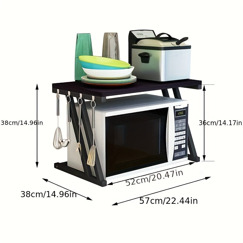 Magnetronplank – Keukenplank – Opslagrek – Magnetronrek – Opbergplank – Z-vormig Stalen Frame – Houten Blad – 28 kg Draagkracht – Zwart 57x38x38 cm