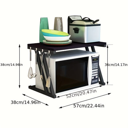 Magnetronplank – Keukenplank – Opslagrek – Magnetronrek – Opbergplank – Z-vormig Stalen Frame – Houten Blad – 28 kg Draagkracht – Zwart 57x38x38 cm