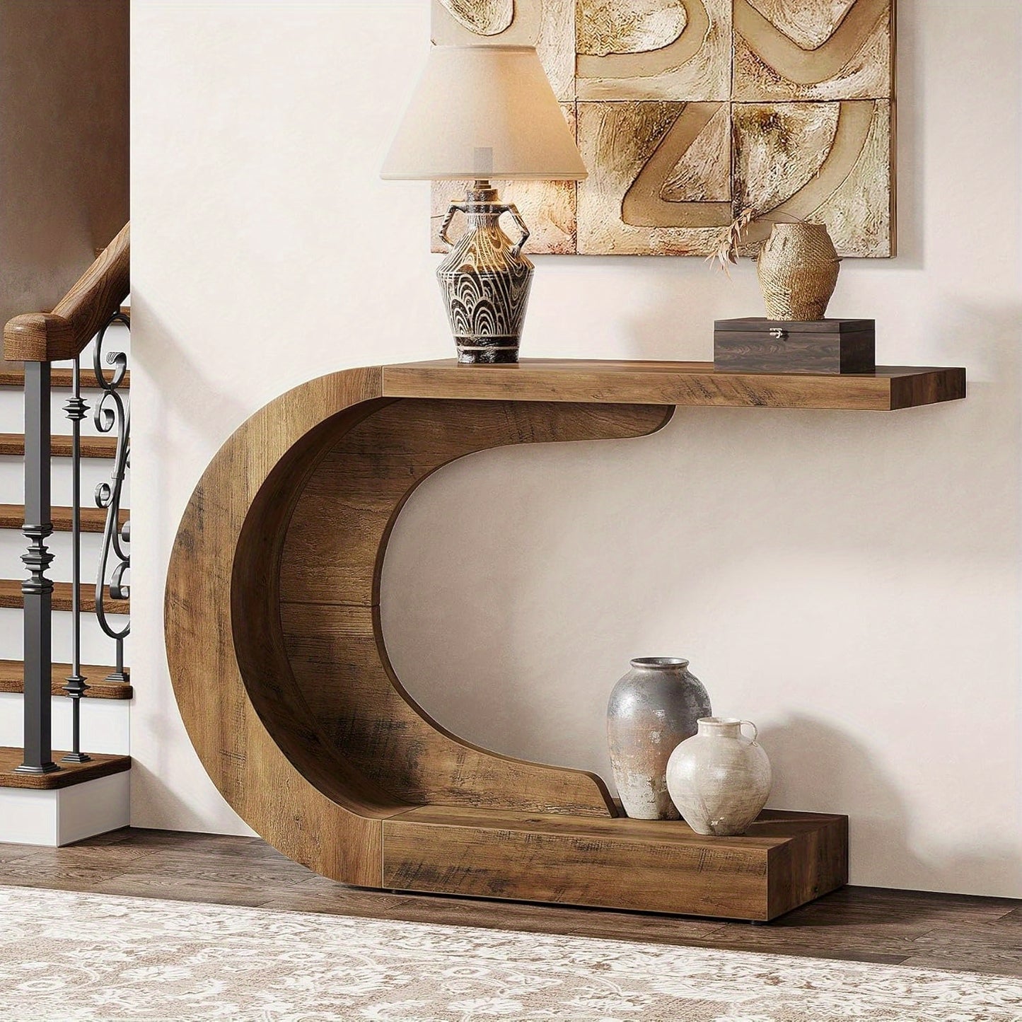 Entryway Console Table – Hallway Table – Foyer Table – Living Room Table – Accent Table – C-Shaped Mid-Century Design – Compact 110 cm Wide Brown Wood