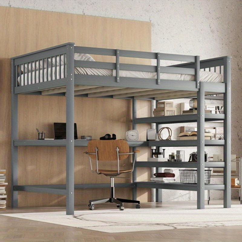 Hoogslaper – Stapelbed – Bed met Opbergruimte – Bedbank – Studentenkamerbed – 140x200 cm – Met Bureau en Metalen Frame – Grijs