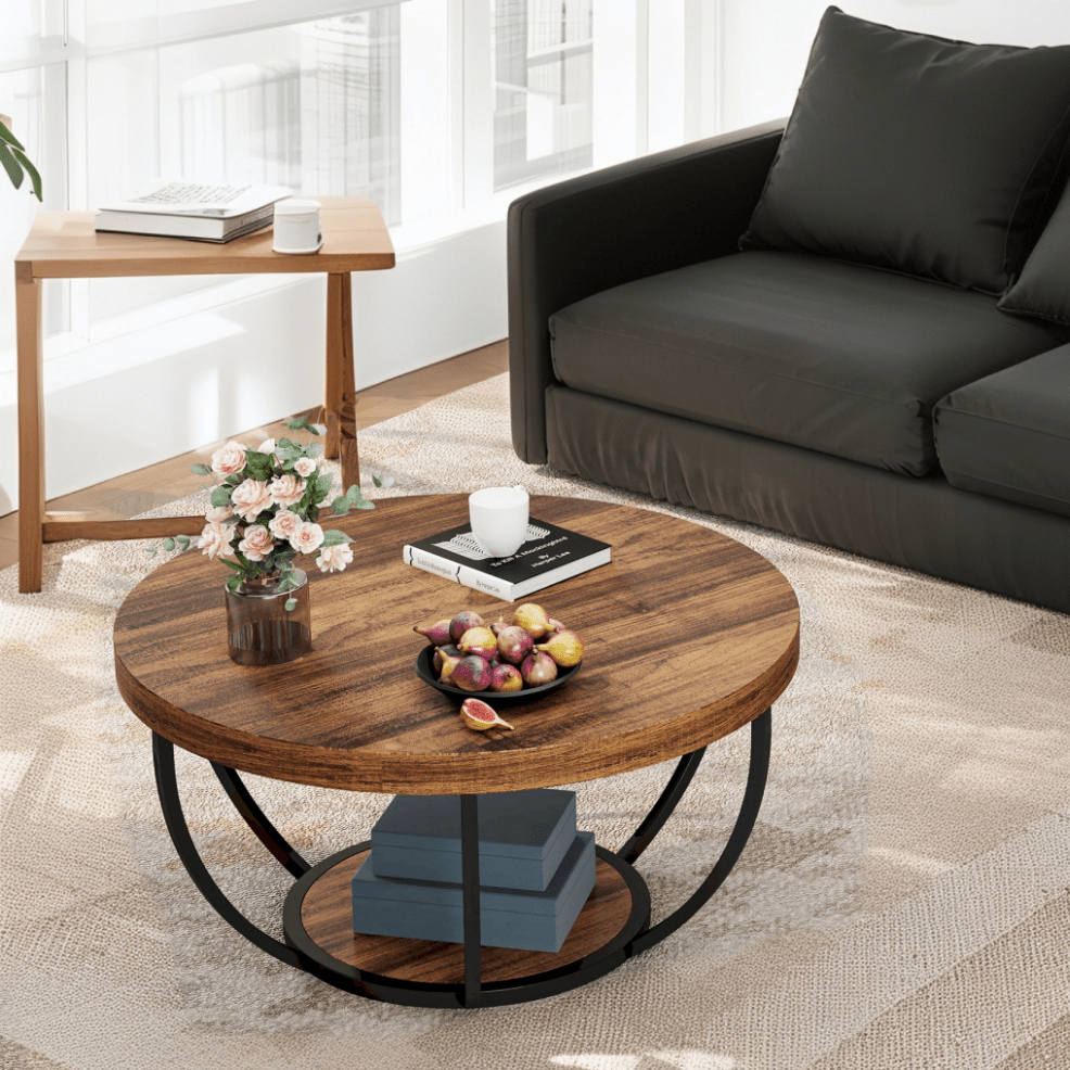80.52 cm Rustic Modern Round Coffee Table with 2-Tier Storage - Sturdy Engineered Wood & Metal Frame, & Natural Wood-Look Finish, Space-Saving Design, Easy Assembly, Versatile Accent Center Table for Living Room, Office