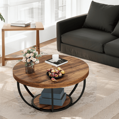Ronde Koffietafel – Salontafel – Bijzettafel – Tafel – Opbergtafel – Rustiek Bruin en Zwart – 80,5 cm Diameter – 2 Opbergniveaus – Stevig MDF en Metaal – Eenvoudige Montage