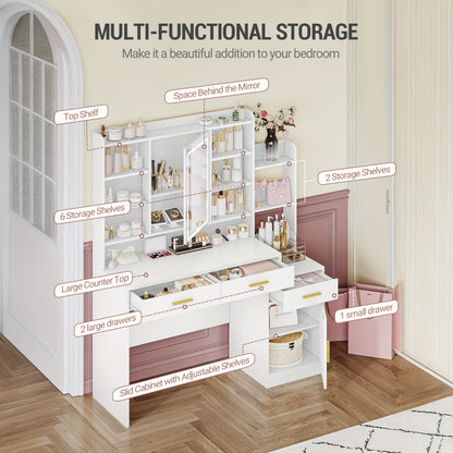 Kaptafel – Make-up Tafel – Cosmeticatafel – Vanity Tafel – Opmaaktafel – Met Spiegel en LED-Verlichting – Ruim Opbergmeubel 130x40x149 cm – MDF en Spaanplaat