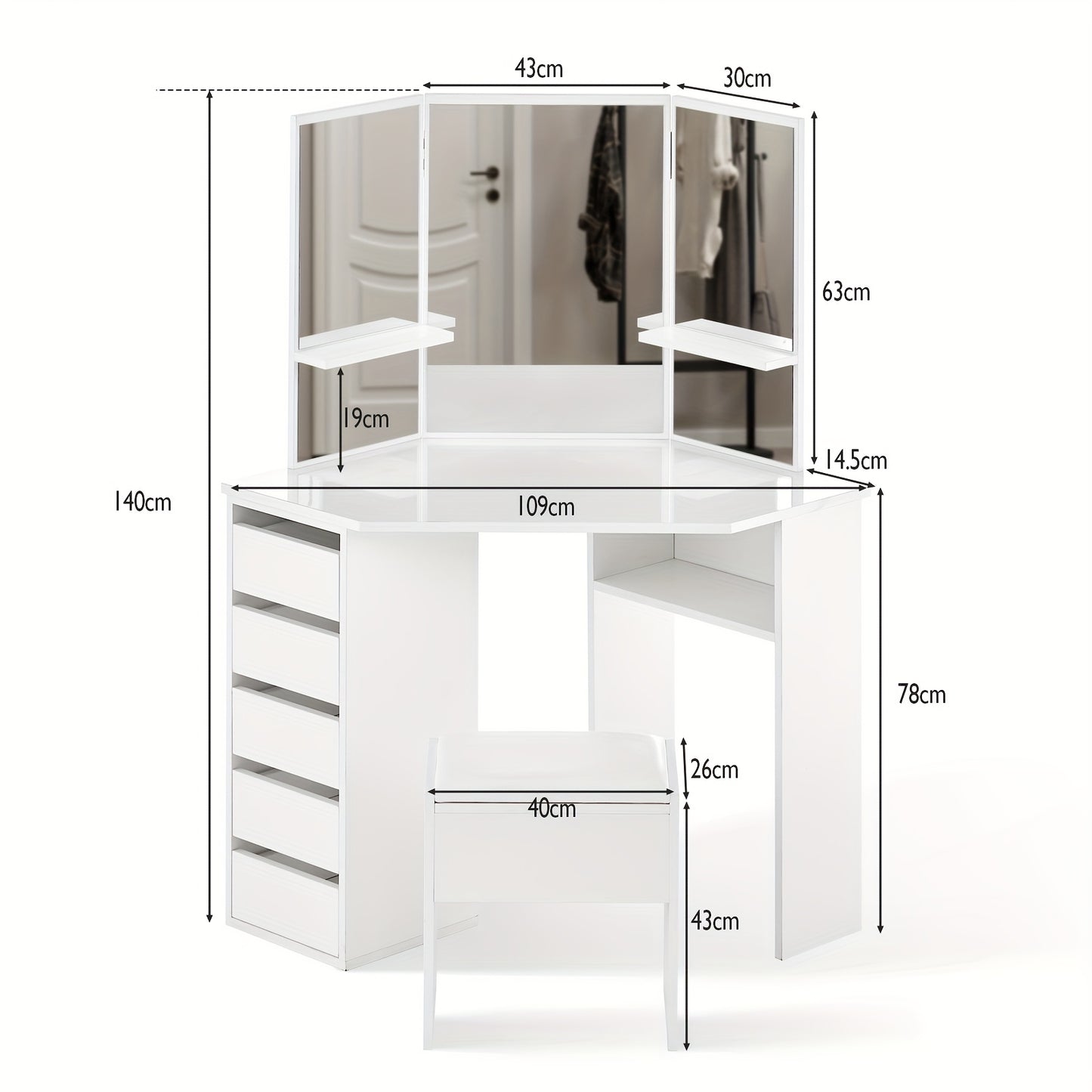 Hoek Make-uptafel – Make-uptafel – Kaptafel – Schminktafel – Toillet tafel – Wit Design – 5 Lades & 3 Spiegels – Inclusief Kruk