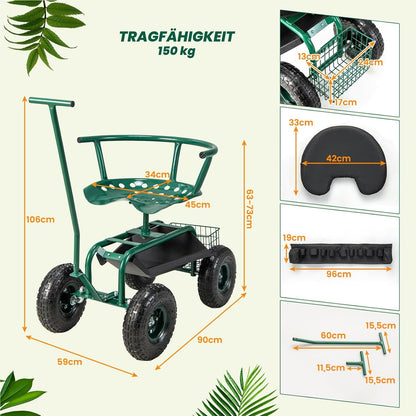 Tuinstoel – Tuinstoelen – Tuinwagen – Tuinmeubel – Tuinkruk – 360° Draaibaar – In Hoogte Verstelbaar – Met Wielen – Met Opbergruimte – Met Kussen – Max 150 kg – Groen Metalen Frame
