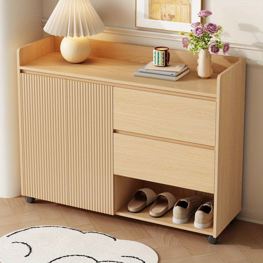 Schoenenkast – Schoenenrek – Schoenenopberger – Schoenkast – Hal Organizer – Mobiel Met Rem – Verstelbare Planken – MDF Hout Metaal – Wit Beige – Soft-Close Deurtje – Ruimtebesparend Design - Houtkleur