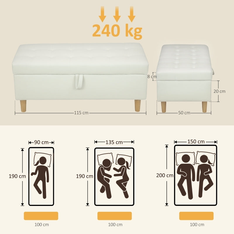 Poef – Opbergpoef – Zithocker – Opbergkruk – Voetenbank – Crème Wit – Vintage Stijl – Houten Poten – Zachte Stof – Ruime Opbergruimte – Stevig