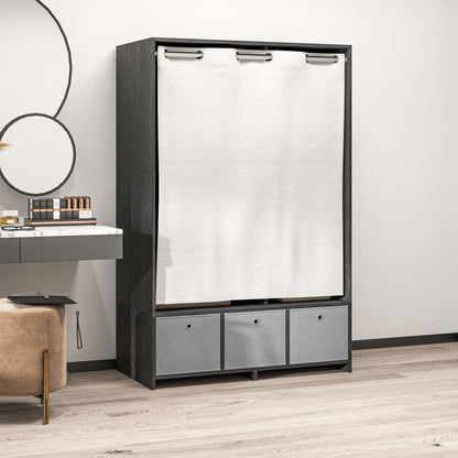 Kledingkast – Kast – Garderobekast – Kledingopslag – Slaapkamerkast – Met Gordijn – 117,5 cm Kledingroede – 3 Uitneembare Stoffen Lades – Zwarte Houtlook – 105x48x160 cm