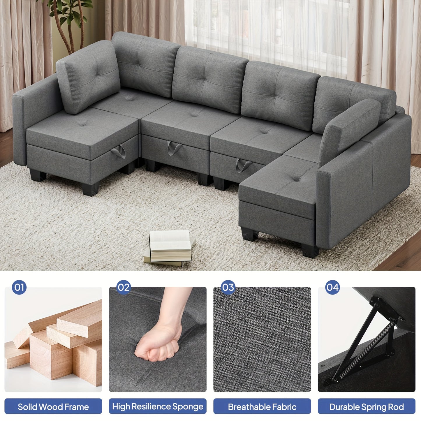U-vormige Modulaire Hoekbank – Sectional Bank – L-vormige Bank – Zithoek – Slaapbank – 4-zits – Geheugenfoam Comfort – Verborgen Opbergvakken