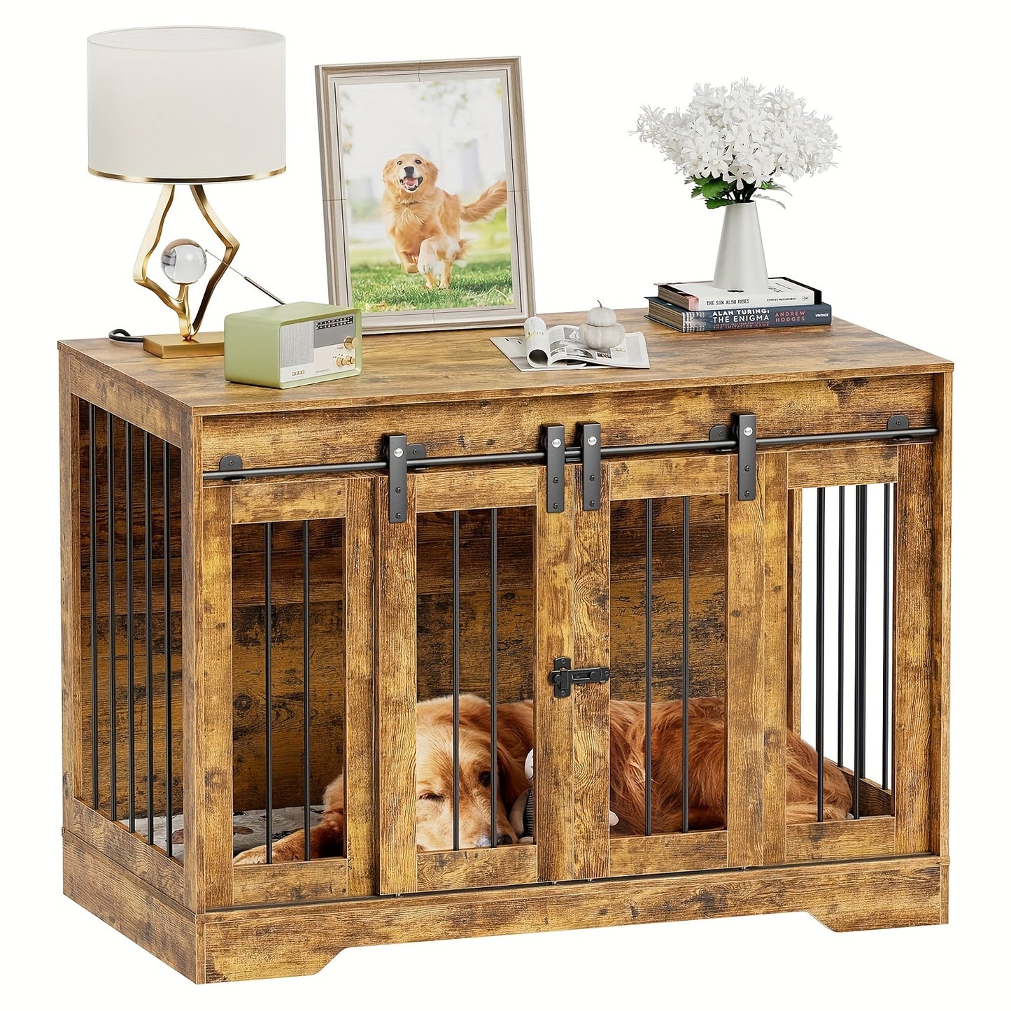 Houten Hondenbench – Hondenhok – Huisdier Bench – Hondenkooi – Dierenren – Oversized Met Vier Schuifdeuren – Ruime Binnenruimte Met Scheidingswand