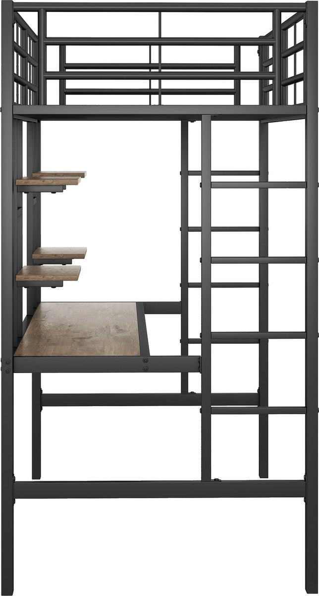 Kinderbed - Zonder Matras - Zonder Stoel - Metalen Bedframe met Bureau en Twee Boekenplanken - Geschikt voor Kinderen - Tieners en Volwassenen - 90x200 cm - Zwart