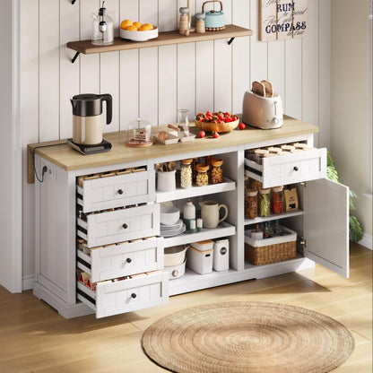 Sideboard, Kitchen Island, Wine Cabinet with 5 Drawers, 2 Pull-Out Shelves, Foldable Extension, Suitable for Kitchen, Dining Room, and Living Room, White, 150×65×75cm,  Spacesaving Furniture, Modern Sideboard, Minimalist Fu