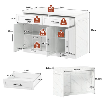 Keukenunit – Keukeneiland – Keukenkast – Werkbank – Ontbijtbar – Compact Model Wit – Marmerlook Werkblad – Veel Opbergruimte