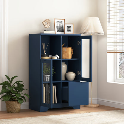 Kledingkast – Garderobekast – Opbergkast – Dressoir – Wandkast – Blauw Lacquered MDF – Glazen Deuren & Laden – Compact Minder Dan 70 cm Hoog