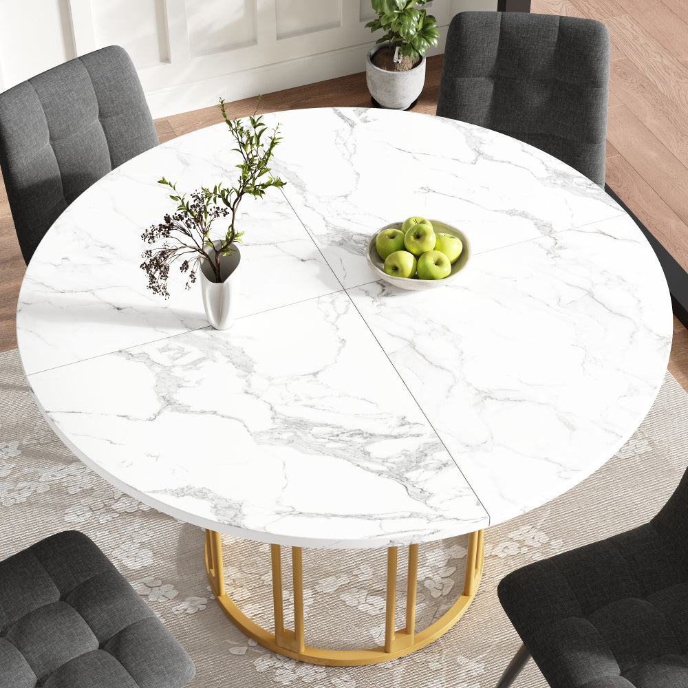 Ronde Eettafel – Eetkamertafel – Ontbijttafel – Keukentafel – Tafel Rond – Marmerlook Wit Goud – Stevige Metalen Poot – Gebruiksklaar Zonder Montage