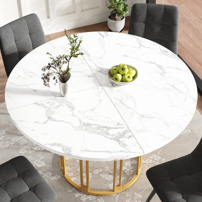 Ronde Eettafel – Eetkamertafel – Ontbijttafel – Keukentafel – Tafel Rond – Marmerlook Wit Goud – Stevige Metalen Poot – Gebruiksklaar Zonder Montage