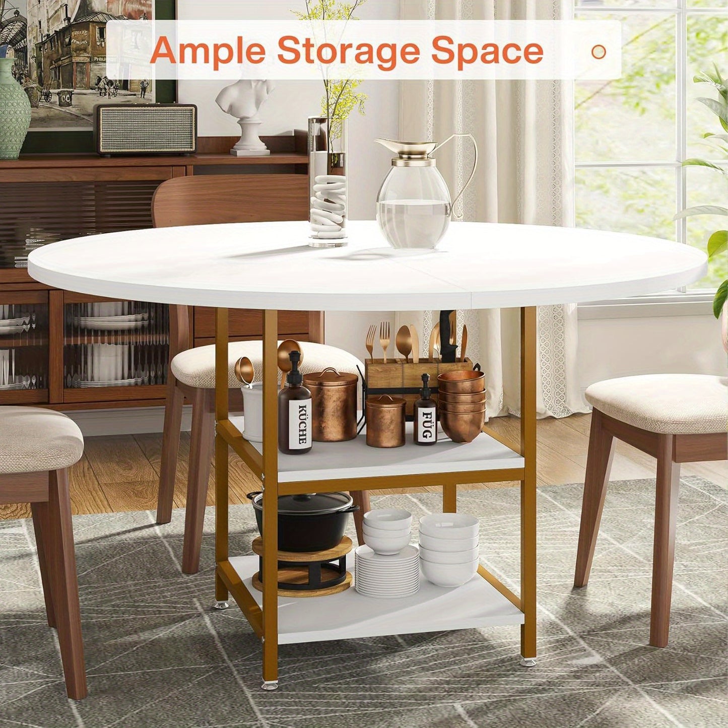 Ronde Eettafel – Keukentafel – Tafel Voor Eetkamer – Kleine Eettafel – Ronde Keukentafel Wit Goud – 47 Inch Voor 4 Personen – Met 2-Delige Opbergruimte – Duurzaam Engineered Hout