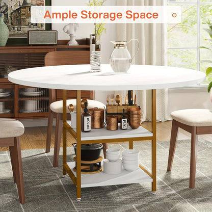 Ronde Eettafel – Keukentafel – Tafel Voor Eetkamer – Kleine Eettafel – Ronde Keukentafel Wit Goud – 47 Inch Voor 4 Personen – Met 2-Delige Opbergruimte – Duurzaam Engineered Hout