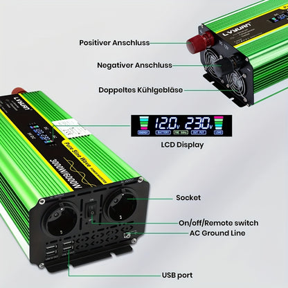 Omvormer – Spanningsomvormer – Stroomomvormer – DC naar AC Converter – Power Inverter – 3000W Continu Vermogen – Pure Sinusgolf Met LCD Display & Afstandsbediening