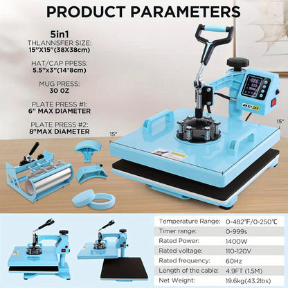 Heat Press Machine, 8in 1/ 5in 1 Shirt Press Machine with 30oz Tumbler Press, Slide Out 360° Swing Away Digital, Industrial-Quality Heat Transfer Sublimation for Tumbler/Mug/Hat/Cap/Plate
