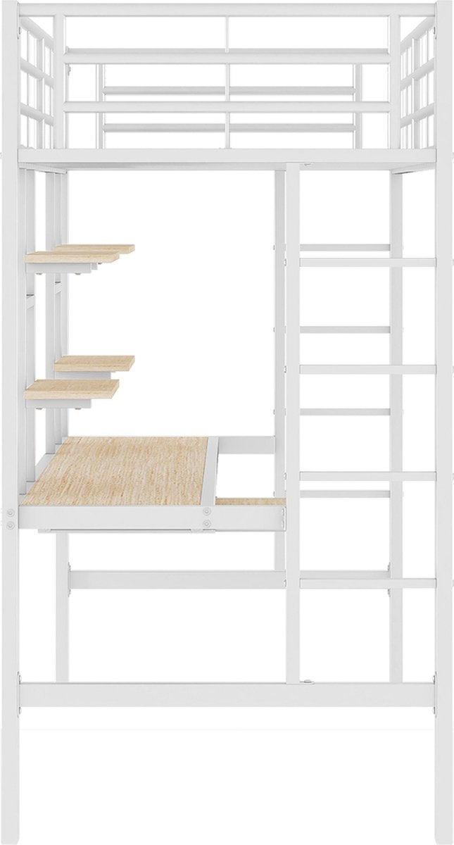Kinderbed - Zonder matras - Zonder stoel - Metalen Bedframe met Bureau en Twee Boekenplanken - Geschikt voor Kinderen - Tieners en Volwassenen - 90x200 cm - Zwart